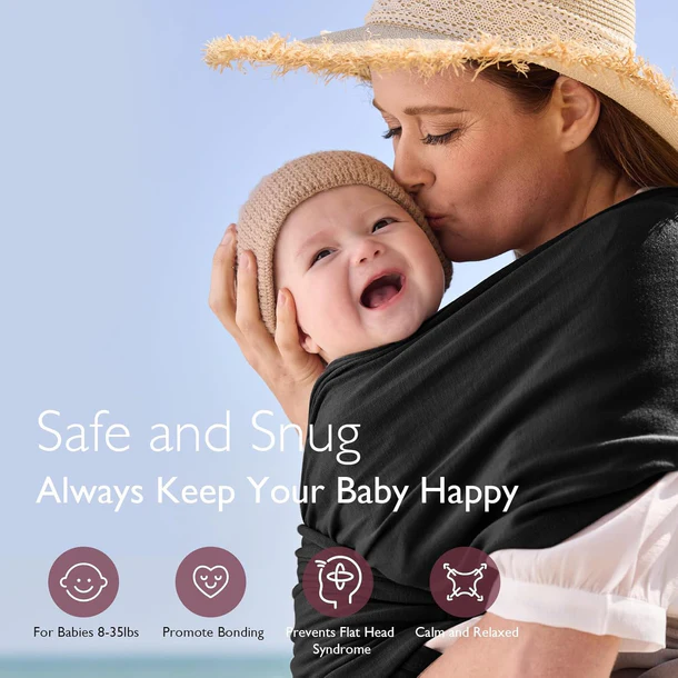 Momcozy – Mbështjellëse për Foshnjë “Baby Wrap Carrier” (Ngjyrë e Zezë) - Image 3